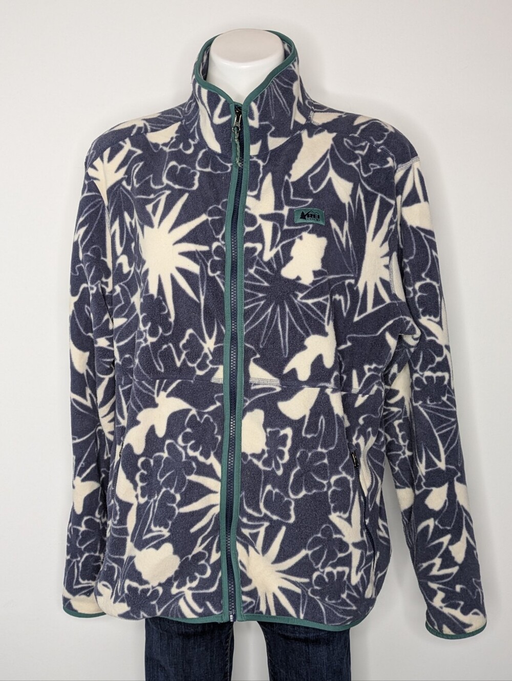 REI Blue White Abstract Floral Starburst Fleece Long Sleeve Zip Up Jacket 1XL